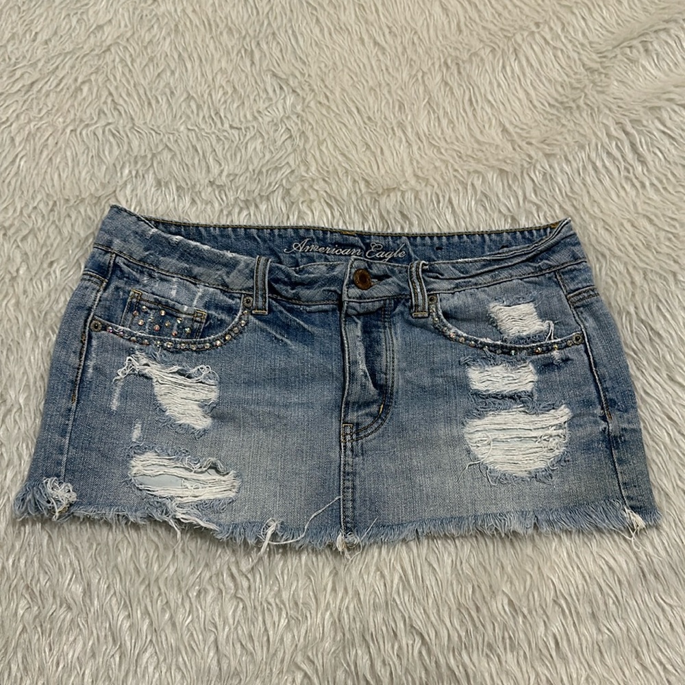 American eagle blue denim distressed rhinestone sparkling mini skirt size 8